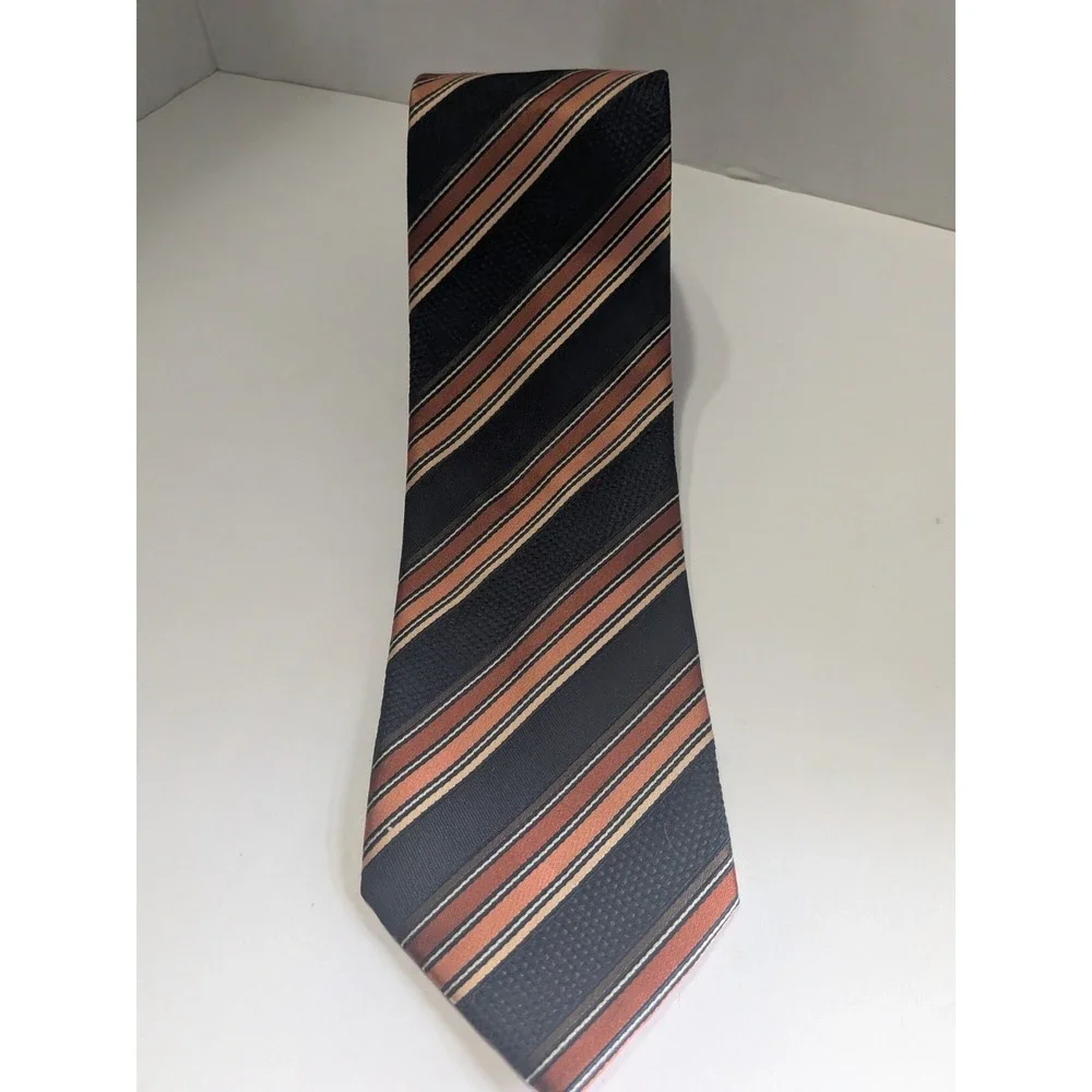 Bill Robinson Mens Necktie Black Copper Orange Tan Striped Hand Made Polyester
